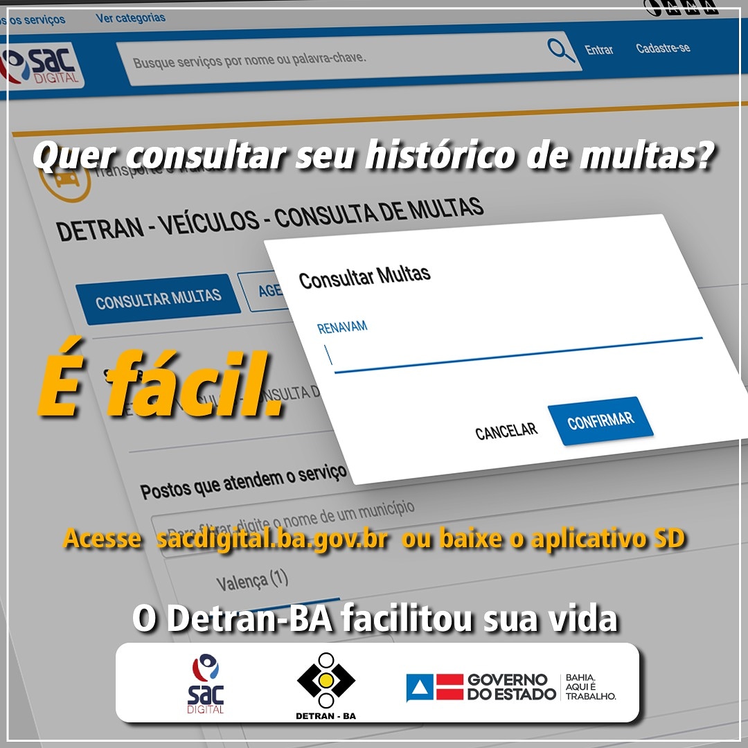 DetranBahia's tweet photo. Dê um SAC aí, que o Detran-BA informa como está seu histórico de multas, de forma rápida, fácil e segura. #DetranBA #SACDigital #Saeb #NovoTrânsito #MaisConsciênciaMenosRisco https://t.co/Huy4vZtirf