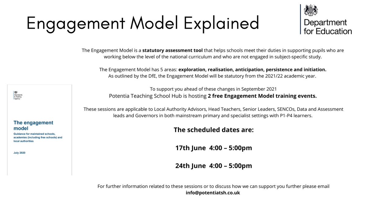 PotentiaTSH's tweet image. Come along to the Engagement Model webinar and have your questions answered by specialists from the SEND sector. 
DM us for the Zoom link or look out in your school emails 
#send #engagementmodel @educationgovuk @SMSAteaching @acrawford82
