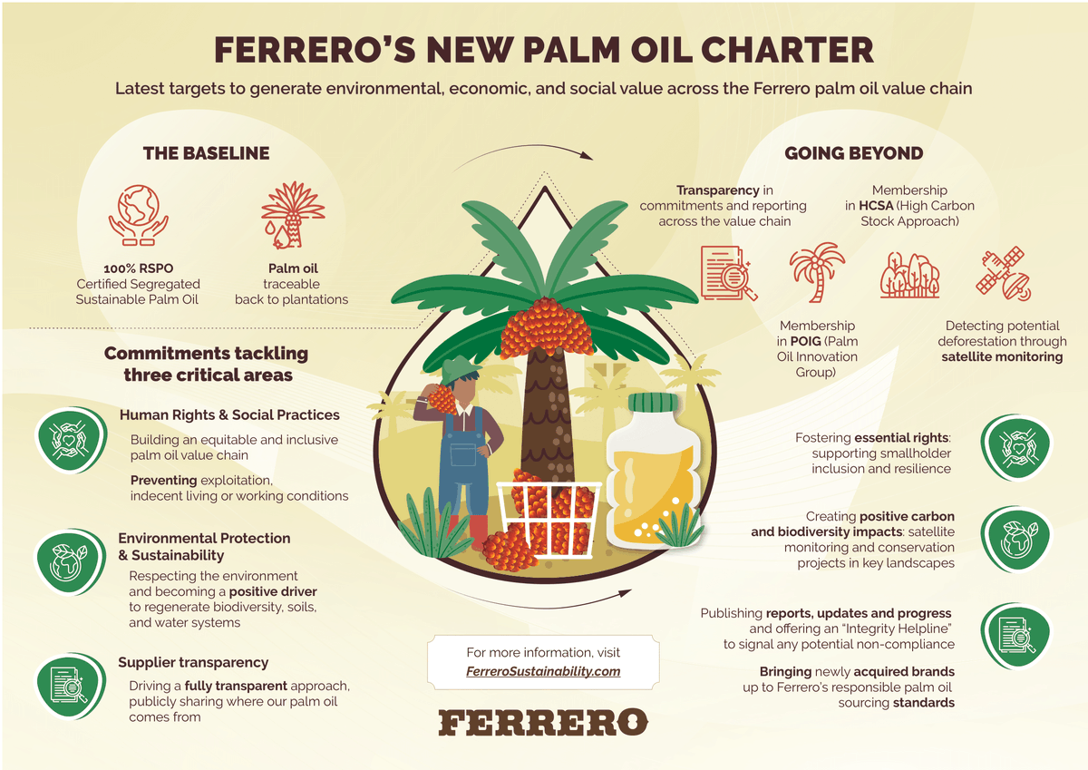 Ferrero_EU's tweet photo. To create a sustainable #PalmOil value chain, we must #GoBeyond compliance by identifying specific commitments 👊 We detail our ambition and our commitment under 3 strategic areas. https://t.co/j5znXGgQBM https://t.co/fUkV0VXWOo