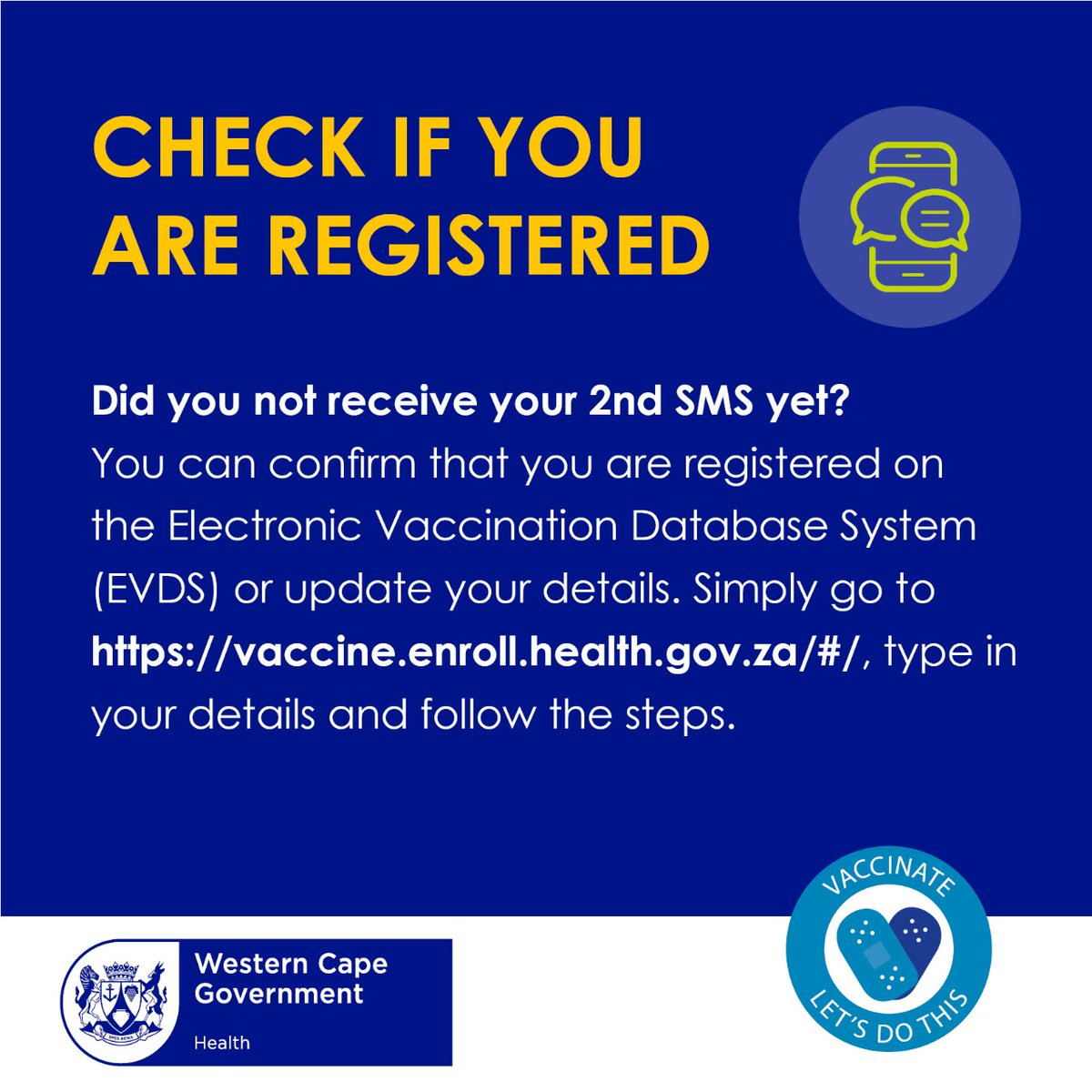 Many people have registered but are still waiting for their 2nd SMS. Confirm your registration here: vaccine.enroll.health.gov.za/#/