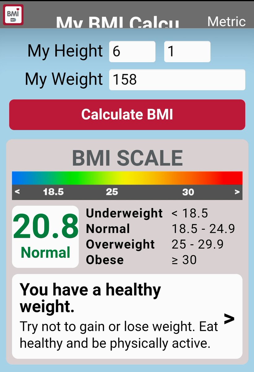 mjgon64's tweet photo. If you don't have a BMI calculator, you can download one with any operating system...🧮

I use mine, just to stay on top of things...as you can see, my BMI is perfect for my weight. I'd like to try and gain some weight, but my trigeminal neuralgia, on both sides, prevents it.

🌱 https://t.co/j7CouIK5vB