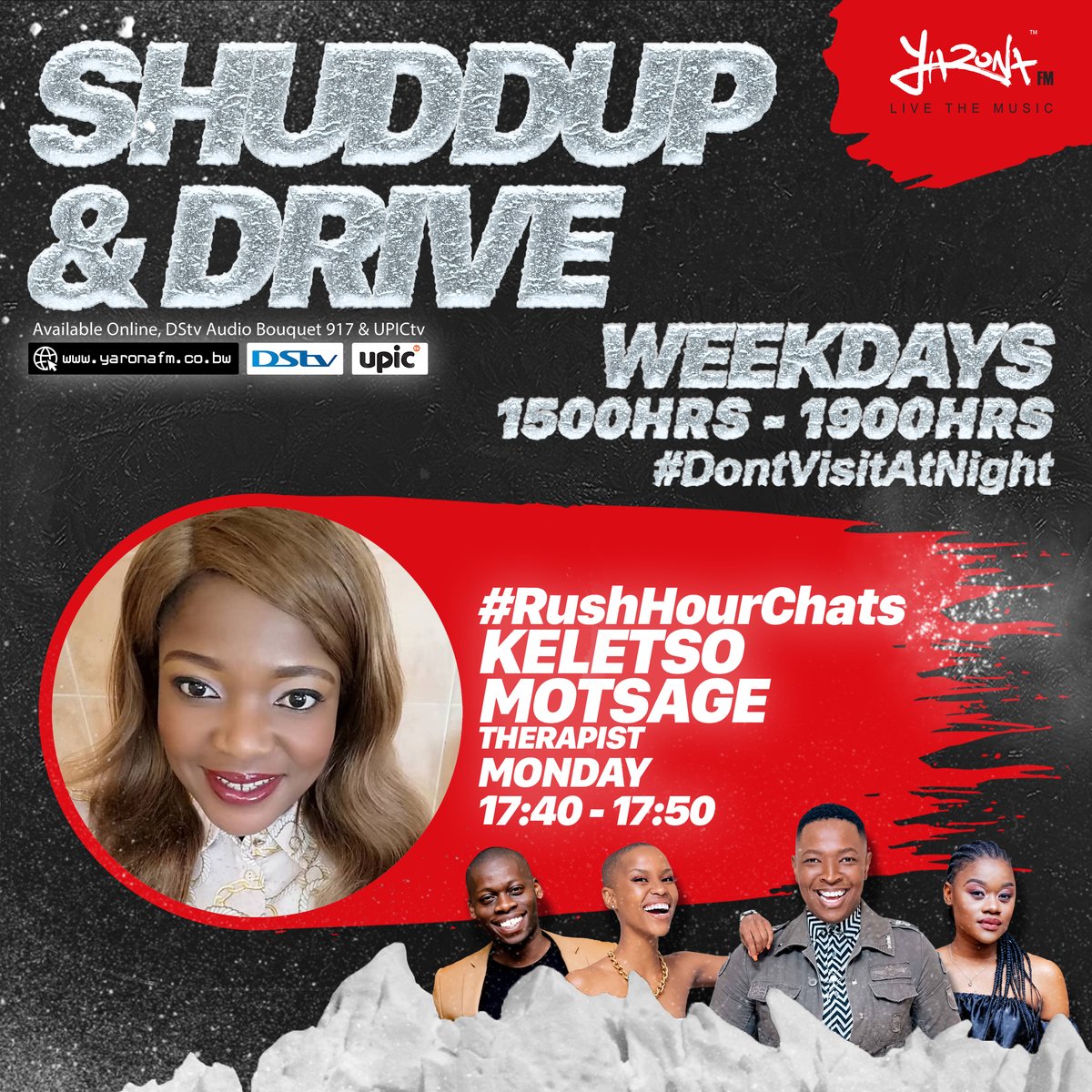 yaronafm's tweet photo. #DontVisitAtNight #SeetebosigoNgwanaka
Monday varbz to ya'll Shudders! King Bee @andrepitse & @LezozoOnAir are chatting to Ms Keletso Motsage about body shaming & bullying on #RushHourChats! 🔥🎶TUNE IN!! 🕺🏾💃🏾📻🎧
#YaronaFM #ShuddupandDrive https://t.co/qNxztCXbyM