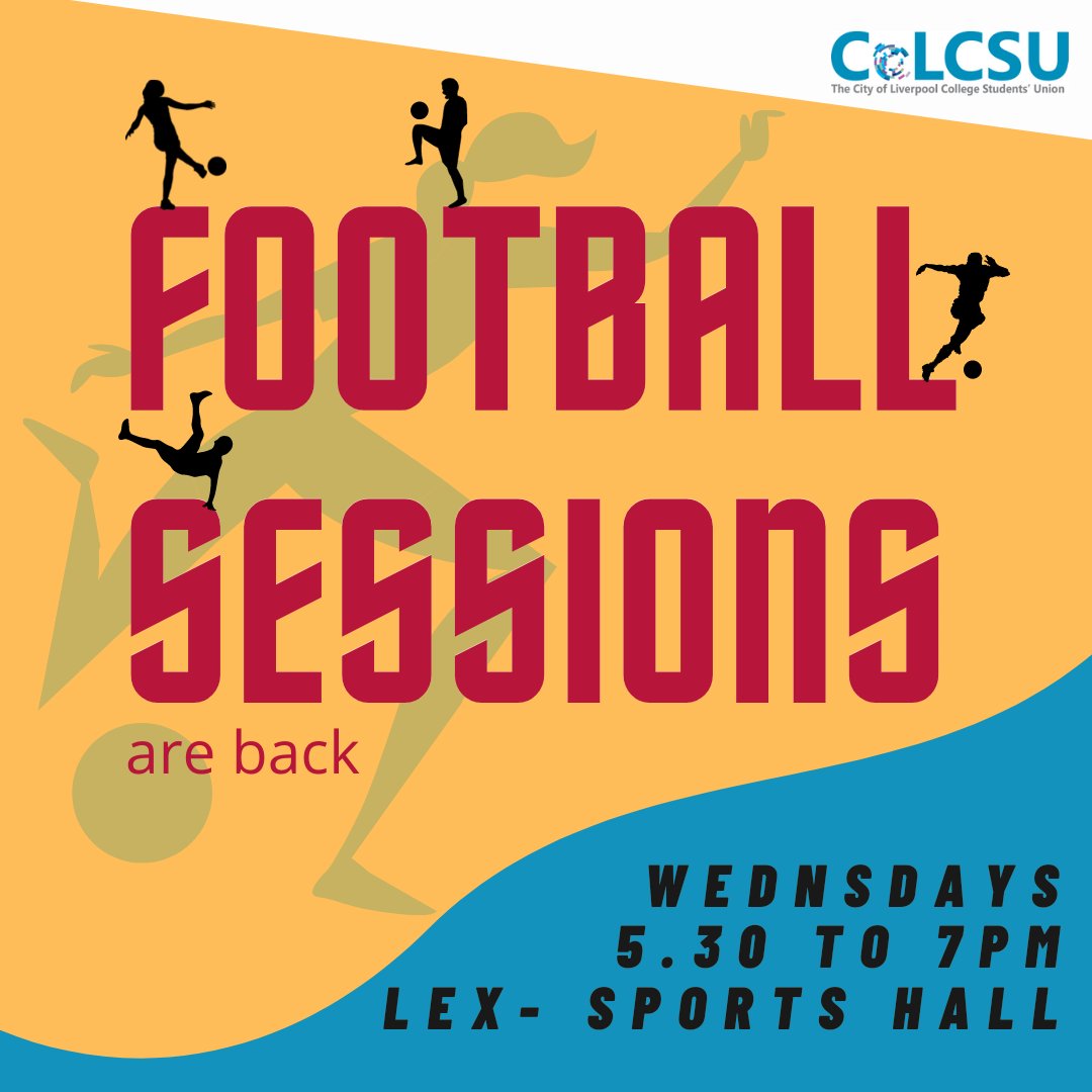 Hi everyone,
We are delighted to confirm our football session is back on.
Join us every Wednesday from 5.30 to 7pm
session will be split into two sessions if numbers are over 20.
5.30 to 6.15 and 6.15 to 7pm. First come, first served. 
<a href="/CoLCSU/">COLC Students’ Union</a> <a href="/colc/">Colc</a> @liverpool <a href="/college/">.College</a>