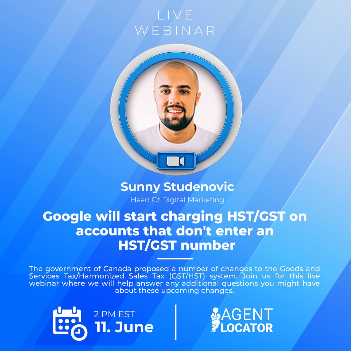 AgentLocator's tweet image. Join Sunny Studenovic, our Head of Digital Marketing, for this Zoom session in which he’ll help answer any questions you have about the new changes to the (GST/HST) system and how it will affect your Google advertising budget 💰

Register here 👉 
us02web.zoom.us/webinar/regist…