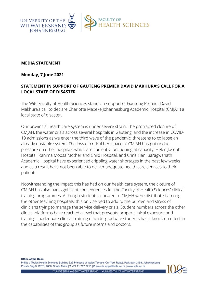 Wits Faculty of Health Sciences tweet media