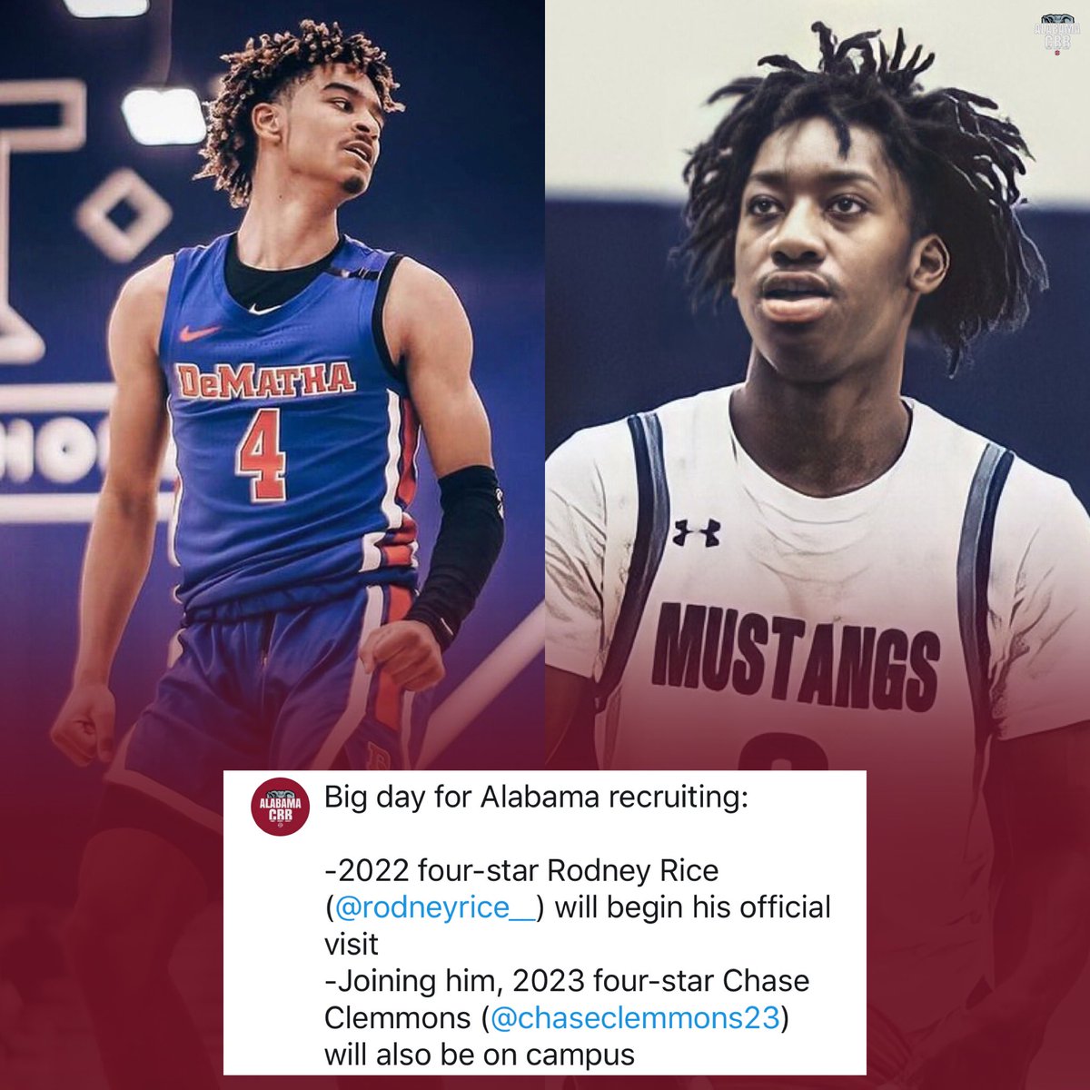 alabamacbb's tweet photo. Big day for Alabama recruiting:

-2022 four-star Rodney Rice (@rodneyrice__) will begin his official visit
-Joining him, 2023 four-star Chase Clemmons (@chaseclemmons23) will also be on campus https://t.co/UK4KHDx48I