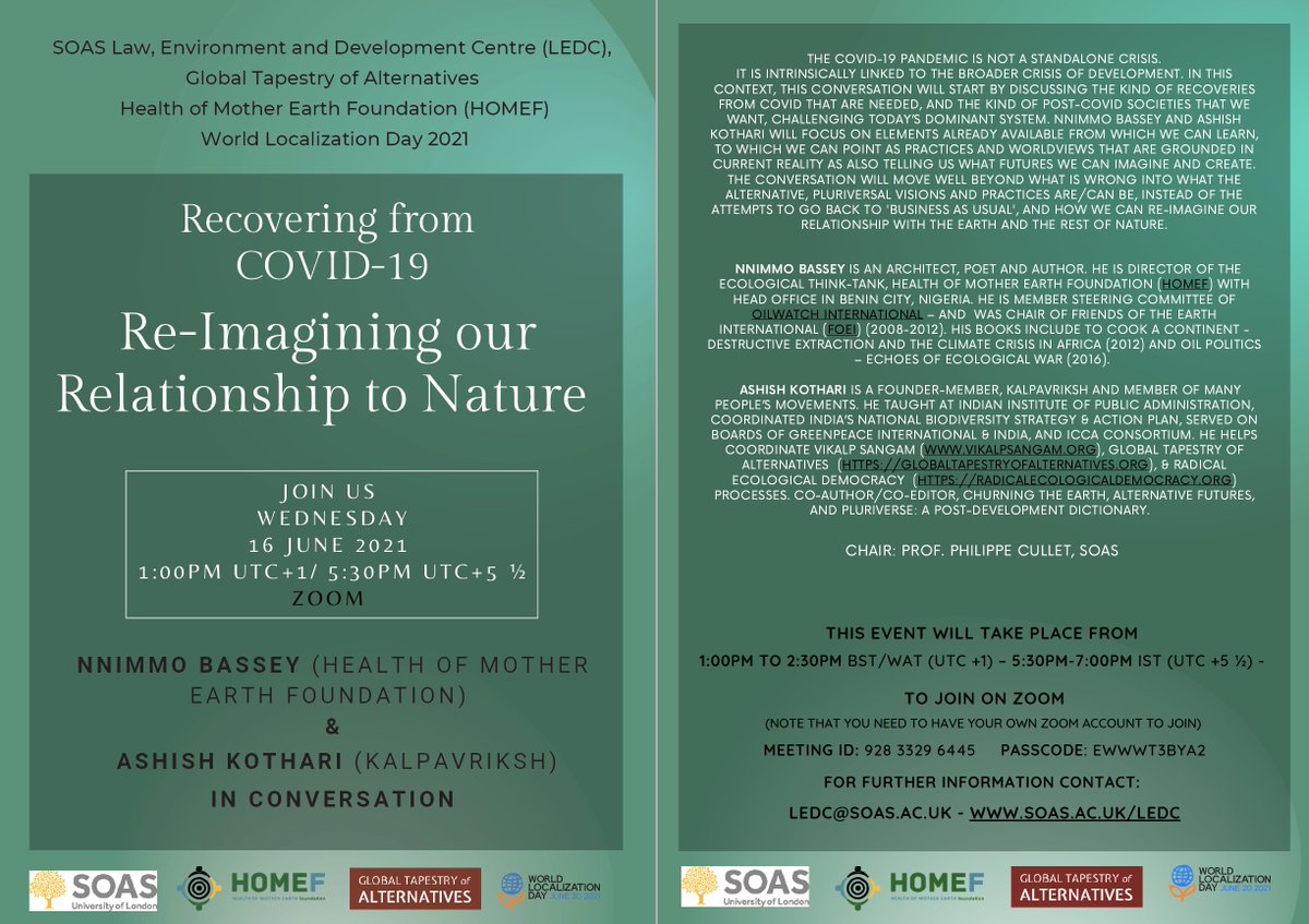 Nnimmo Bassey &amp; Ashish Kothari  in Conversation: Recovering from COVID-19 – Re-Imagining our Relationship to Nature - 16 June - 1:00pm UTC+1/5:30pm IST -