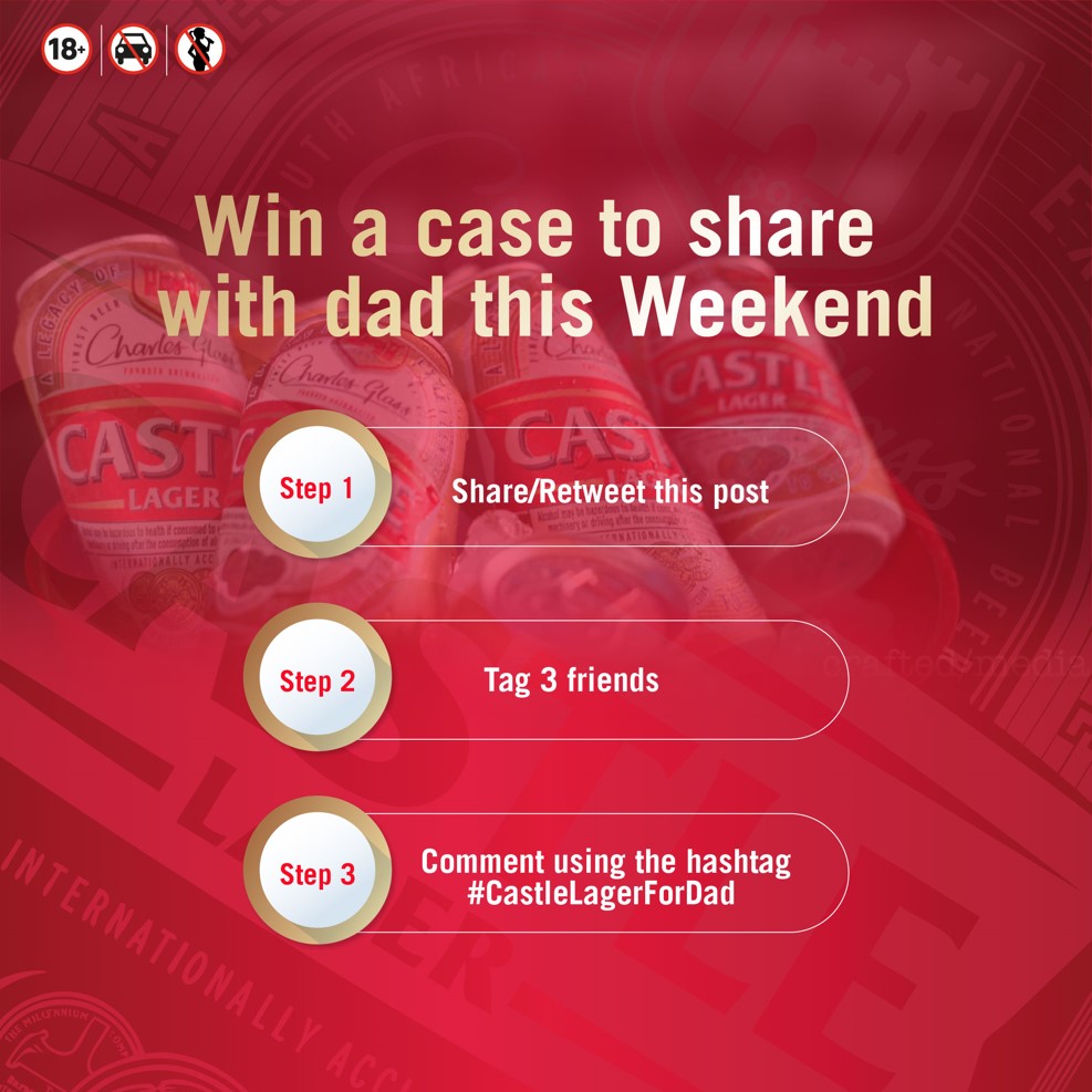 CastleLagerZW's tweet photo. COMPETITION TIME 
It's Father's Day month so if you love bonding with dad over a Castle Lager then this contest is for you🍻
STEP 1 Retweet this post
STEP 2 Tag 3 friends 
STEP 3 Comment using the hashtag #CastleLagerForDad
NB: 2 WINNERS WILL BE PICKED ( 1 CASE FOR EACH WINNER) https://t.co/tRflJ7QGXT