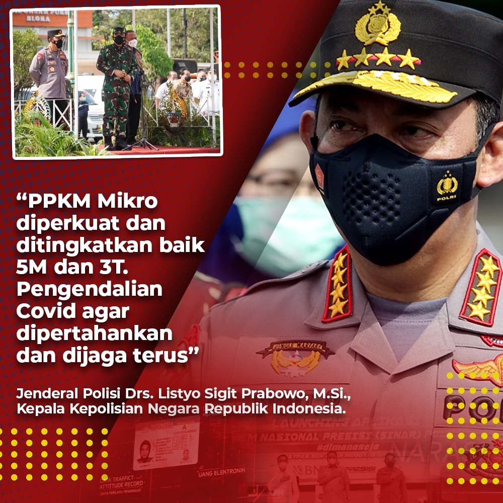 Stenky0's tweet photo. Kapolri, Jenderal Polisi Drs. Listyo Sigit Prabowo, https://t.co/YW97mkMJLR., meminta agar PPKM Mikro diperkuat dan meningkatkan 5M juga 3T (testing, tracing dan treatment), guna mencegah terjadinya lonjakan kasus baru Covid-19 seperti di Kabupaten Kudus.

#PolriUpayakanPemulihan https://t.co/kEiix7fAKj