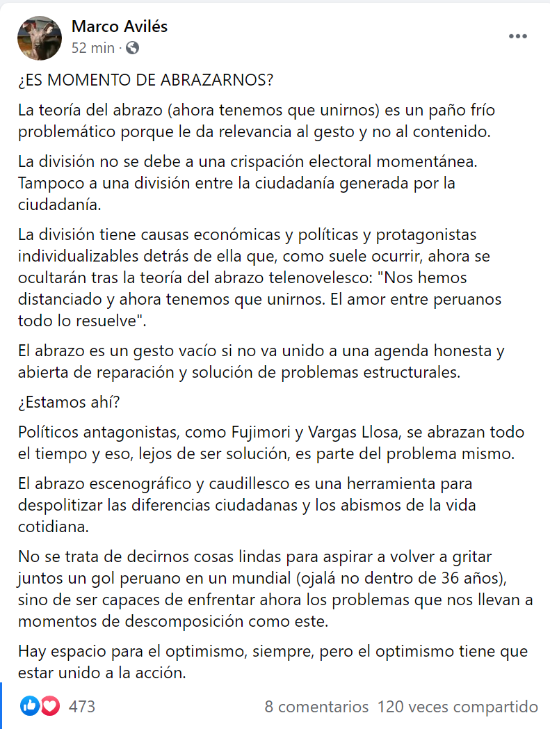 hugonopo's tweet photo. Buen dia. Comparto lo de @MarcoAvilesH 
Es hora de abrazarnos y remar al mismo lado, pero con una agenda. De nada sirve quedarnos solo en el gesto (y obviamente, esto es independiente de quien gane). https://t.co/0hazxGuHyl