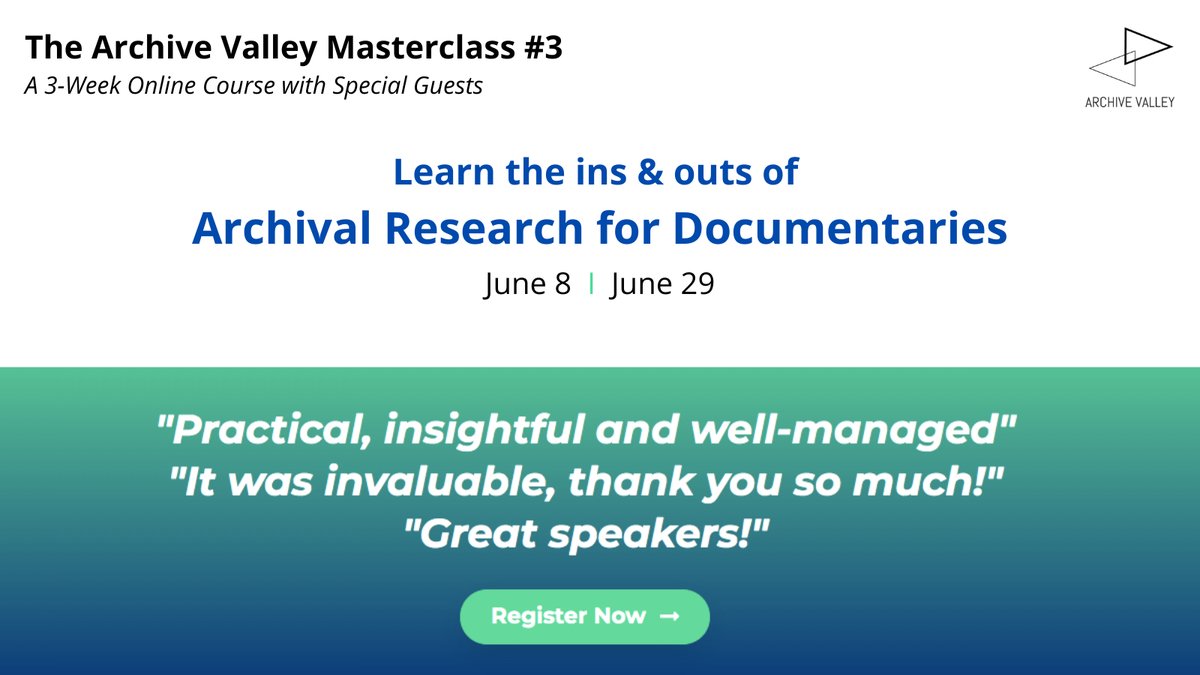 🎥Last day to register to the <a href="/ArchiveValley/">Archive Valley</a> Masterclass and learn the best practices in archival research for documentaries - with great Special Guests!
For more info and registration : cutt.ly/3b0Loyr