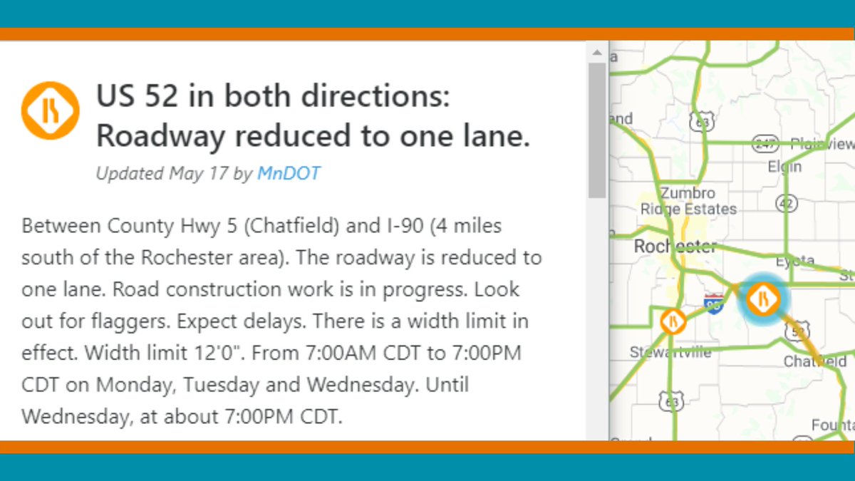 mndotsoutheast's tweet photo. June 7 - 9: Only one lane open on Hwy 52 between Chatfield and I-90. Flaggers will direct traffic. Slow down, be patient and drive with caution as crews are crack sealing. Check https://t.co/MEmqELpVHX for more construction and travel info. #OlmstedCounty #fillmorecounty https://t.co/IFn16J0O2t