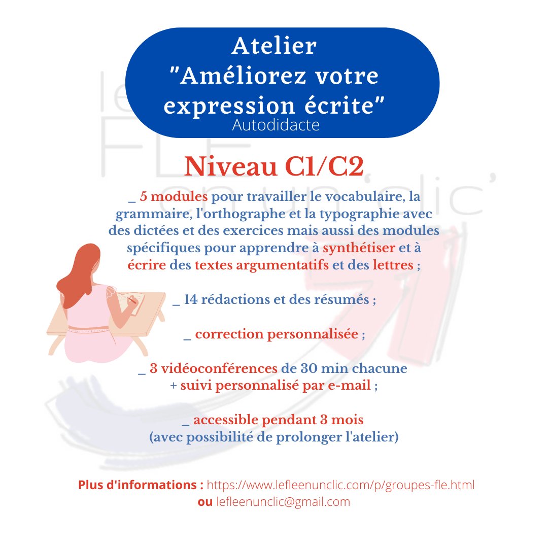 lefleenunclic's tweet photo. NOUVEAU !
L'atelier "Améliorez votre expression écrite" de niveau C1-C2 est enfin disponible ! Profitez de l'été pour pratiquer et vous améliorer à l'écrit ! Pour plus d'infos et vous inscrire, cliquez sur le lien suivant https://t.co/KNofMfofXq 
#fle #DALFC1 #DALFC2 #learnfrench https://t.co/zpfcyVgANW