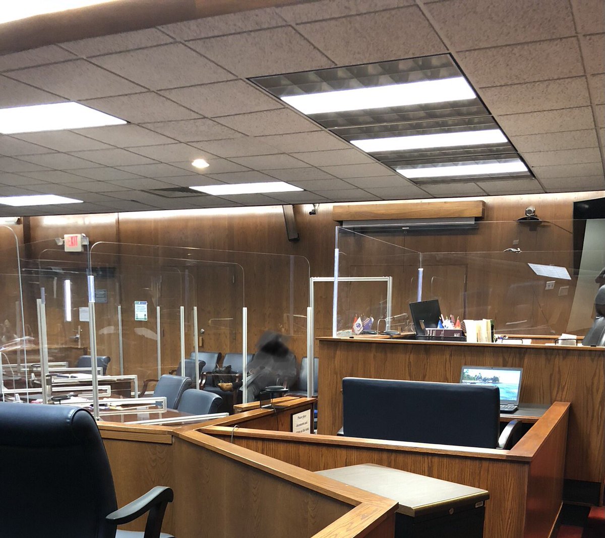 NGrant97's tweet photo. Back to where we’re meant to be; an in-person hearing and the courtroom looks suspiciously like a trail kit for a gerbil… Justice with protection.  Here we go! https://t.co/97hHRMTWnQ
