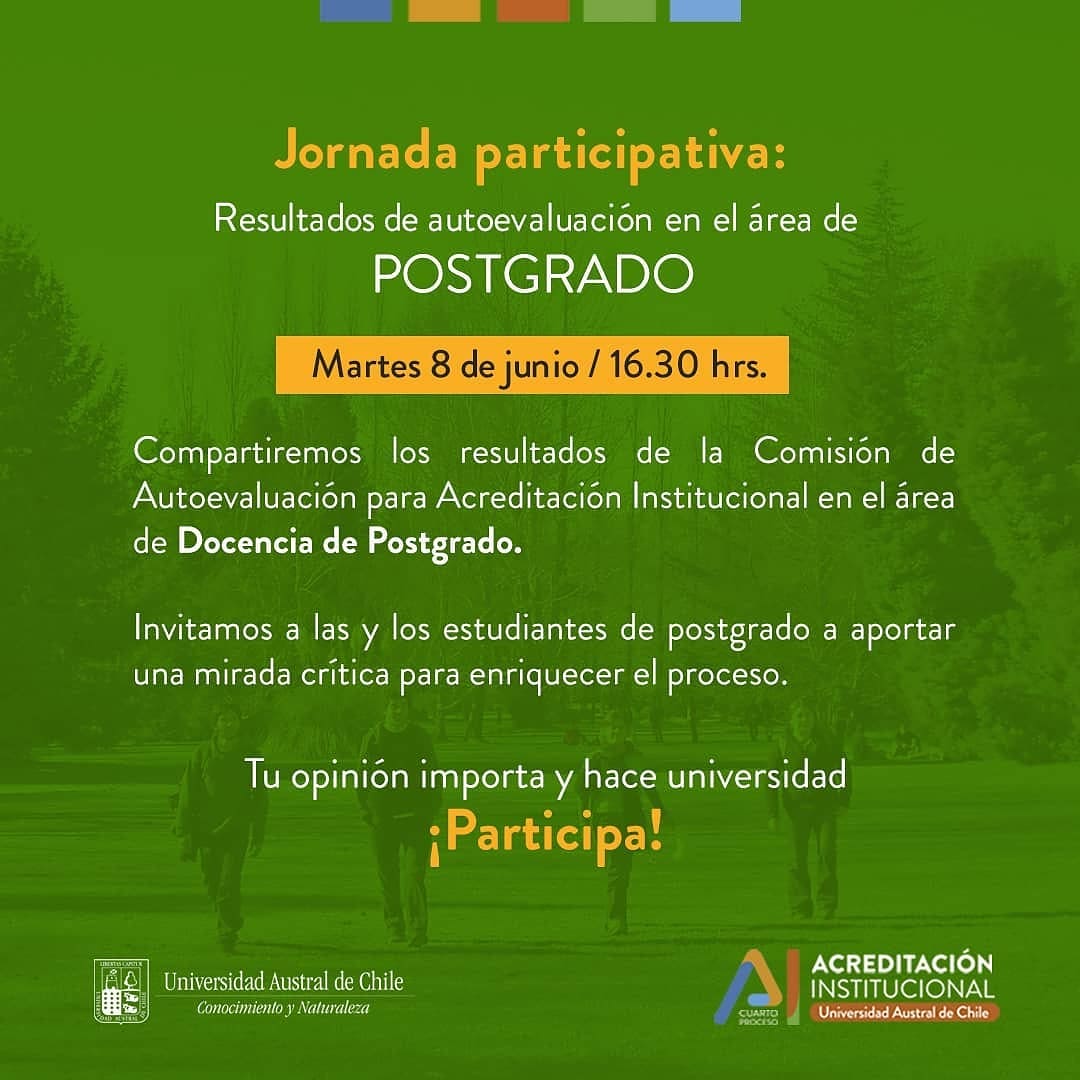 Invitamos a las y los estudiantes de postgrado de la <a href="/UAustraldeChile/">Universidad Austral de Chile</a> a ser parte de esta jornada participativa. Revisaremos los resultados del trabajo de la Comisión de Autoevaluación de Docencia de Postgrado.
Inscripción en 
forms.office.com/r/xB52ALDsDQ