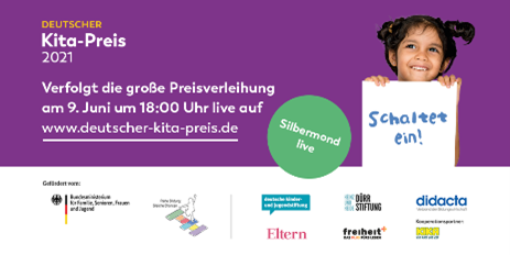 BMBFSFJ's tweet photo. Am 9. Juni werden die PreisträgerInnen des Deutschen #KitaPreis|es 2021 bekannt gegeben. Familienministerin Christine Lambrecht eröffnet die Preisverleihung. Seien Sie ab 18:00 Uhr live dabei! #dekip @dkjs_bildung https://t.co/K25vls56na