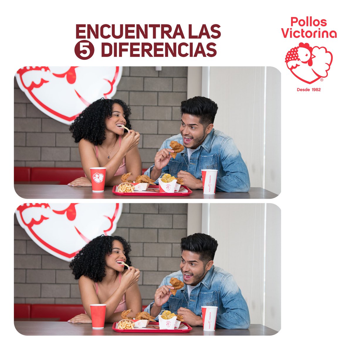 Hoy es lunes divertido 😌

Escribe en los comentarios si pudiste encontrar las 5 diferencias y cuáles son, a ver si la pegaste 😁

#PollosVictorina #AmorAlSabor #SaborALoNuestro #ComparteElSabor