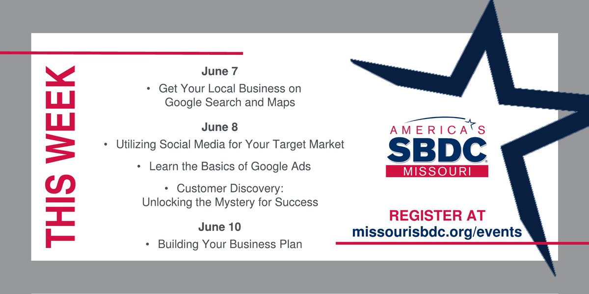 Check out the webinars this week to learn how you can better utilize Google, social media, and more!

#SBDC #MissouriSBDC #events #webinars #SignUpNow