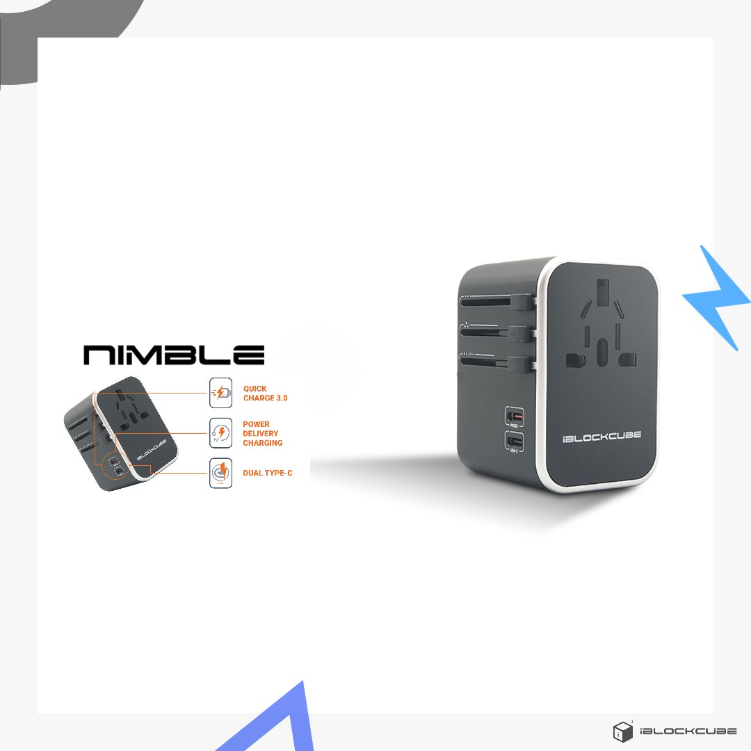 iBlockCube's tweet image. 𝗧𝗵𝗲 𝗡𝗶𝗺𝗯𝗹𝗲 – A true global travel adapter supporting over 150 countries with full compatibility with all QC and PD Devices (Quick Charge and Power Delivery). 
𝟭 𝗡𝗶𝗺𝗯𝗹𝗲 - 𝟲 𝗱𝗲𝘃𝗶𝗰𝗲s
#NimbleAdapter #UniversalAdapter #Nimble #iBlockCube rfr.bz/t2hv592