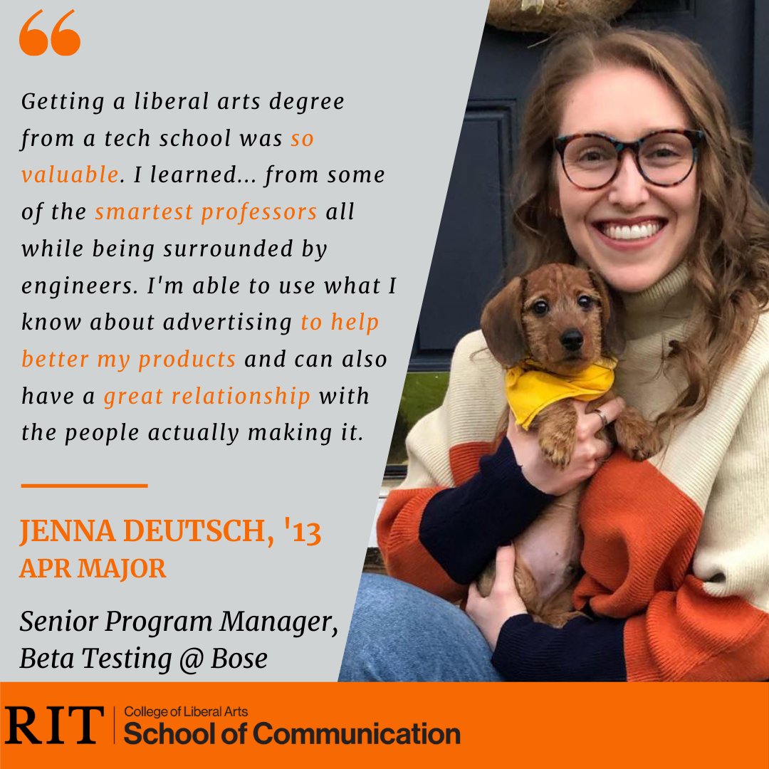 RIT_SOC's tweet photo. Jenna, '13 has seen the value in obtaining her degree in Advertising and Public Relations in her day-to-day work at Bose!🎧

Think this is the right degree for your career goals? Head over to the link in our bio to learn more about a BS in APR! 📚 https://t.co/2vQ9FS4Pow