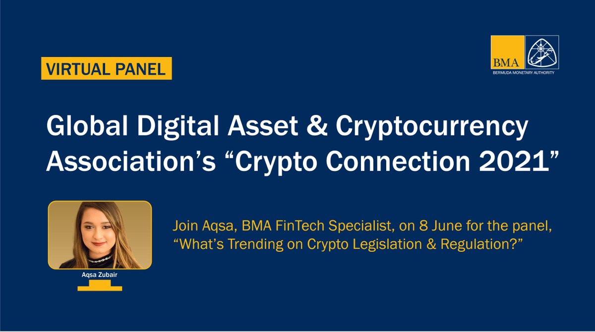 BMA | Bermuda Monetary Authority (@bermudamonetary) on Twitter photo What’s trending on #crypto #legislation and #regulation? <a href="/Aqsaa23/">Aqsa Zubair</a> joins Global DCA’s 2021 Crypto Connection Conference panel (8 June). She’ll discuss the BMA’s approach to #digitalasset regulation, how the BMA is approaching #DeFi and more. Register: ow.ly/FTC150F4vr6 What’s trending on #crypto #legislation and #regulation? <a href="/Aqsaa23/">Aqsa Zubair</a> joins Global DCA’s 2021 Crypto Connection Conference panel (8 June). She’ll discuss the BMA’s approach to #digitalasset regulation, how the BMA is approaching #DeFi and more. Register: ow.ly/FTC150F4vr6