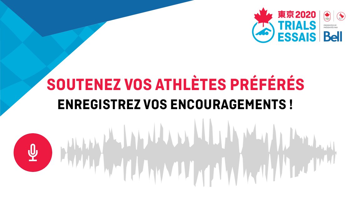 SwimmingCanada's tweet photo. Les athlètes ont besoin de vous entendre! Envoyez un message de soutien à votre athlète préféré et enregistrez un encouragement qu’il entendra aux Essais olympiques de natation, présenté par Bell! #jencourage
https://t.co/eI90SDiAn8 https://t.co/gtXMujhgMp
