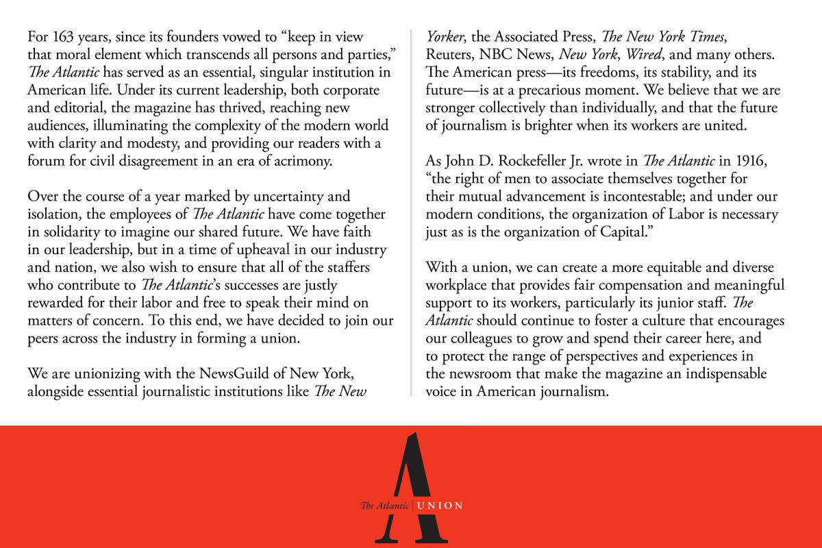 theatlunion's tweet image. 1/ We, the writers, editors, producers, and editorial staff of @TheAtlantic, have formed a union with @nyguild. Today, we’re asking management to voluntarily recognize The Atlantic Union.

See our mission statement below: