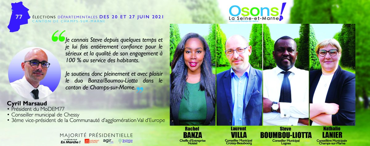 OsonsChamps's tweet photo. 🇫🇷 #DÉPARTEMENTALES21
@Cyril_Marsaud président du @MoDem 77 et @Chrisdomba Référent de @enmarche77 sont des citoyens qui donnent de leur énergie pour notre collectivité. Le soutien qu'ils nous accordent, est un plébiscite pour le projet que nous portons : #OsonslaSeineetMarne ! https://t.co/1Ve1lqrghr