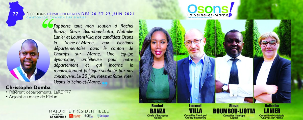 OsonsChamps's tweet photo. 🇫🇷 #DÉPARTEMENTALES21
@Cyril_Marsaud président du @MoDem 77 et @Chrisdomba Référent de @enmarche77 sont des citoyens qui donnent de leur énergie pour notre collectivité. Le soutien qu'ils nous accordent, est un plébiscite pour le projet que nous portons : #OsonslaSeineetMarne ! https://t.co/1Ve1lqrghr