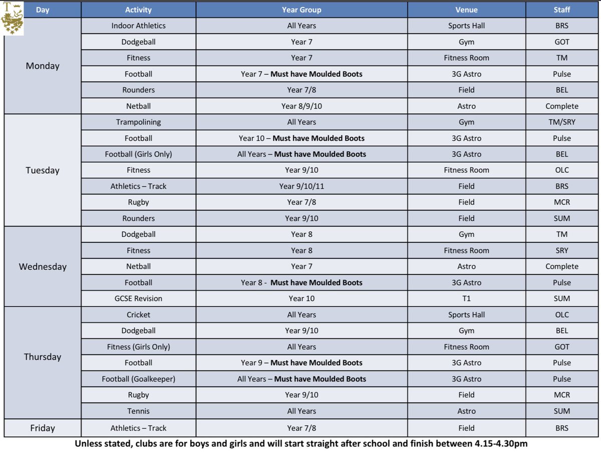 Take a look at the new PE Extra-Curricular timetable. 

The new additions to the timetable are:

Cricket
Tennis
Indoor Athletics

Some clubs have moved day or joined with another year group so make sure you check to see what day your clubs are on.