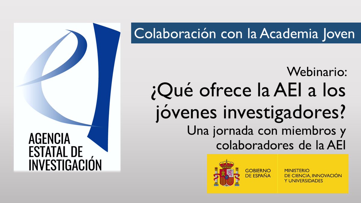 Agencia Estatal de Investigación (@ageinves) on Twitter photo El próximo 15 de junio, <a href="/AgEInves/">Agencia Estatal de Investigación</a> participará en un webinario de <a href="/academia_joven/">Academia Joven de España</a> para dar a conocer las oportunidades para jóvenes investigadores en las próximas convocatorias de Proyectos de I+D+i y de Recursos Humanos.
youtube.com/watch?v=wtyoGp… El próximo 15 de junio, <a href="/AgEInves/">Agencia Estatal de Investigación</a> participará en un webinario de <a href="/academia_joven/">Academia Joven de España</a> para dar a conocer las oportunidades para jóvenes investigadores en las próximas convocatorias de Proyectos de I+D+i y de Recursos Humanos.
youtube.com/watch?v=wtyoGp…