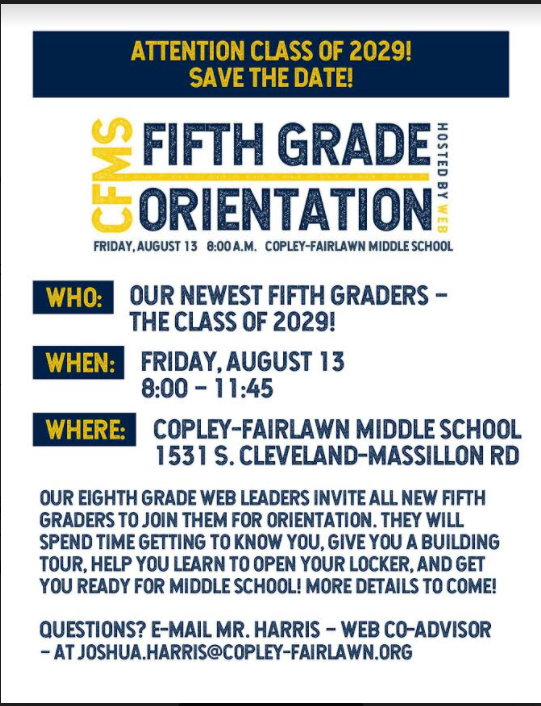 CFCSindians's tweet photo. https://t.co/F8K8FuQCn4 - Attention students and families of new 5th graders at Copley-Fairlawn Middle School. Please see the attached flyer and save the date on your calendar. This is an amazing orientation program. #CopleyPride https://t.co/a4KkI9LIpi