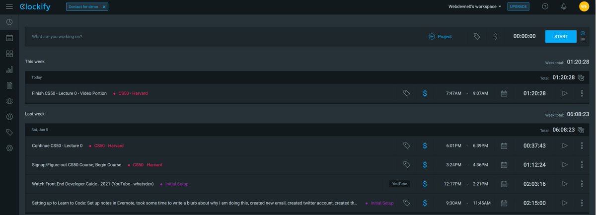 webdevne0's tweet image. Began studying this weekend! Keeping track of my time using Clockify. #webdeveloper #learntocode