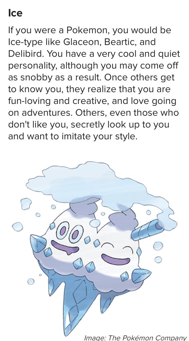 ElianoAnimates on X: Took a Pokemon type quiz I got: Ice Cool 😎❄️🧊 #ice # pokemon #type #water #quiz  / X