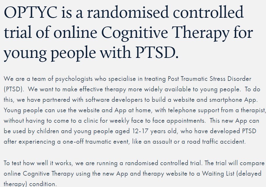RMeiserStedman's tweet photo. Clinical trial of new online therapy for UK 12-17 year olds with PTSD following "one-off" trauma. Schools can refer. Families can self-refer. Free. SUPER KEEN for schools to hear about this. Some info in photo, details here: https://t.co/pMCrKqqsXf Thanks! https://t.co/RoYmq550k9
