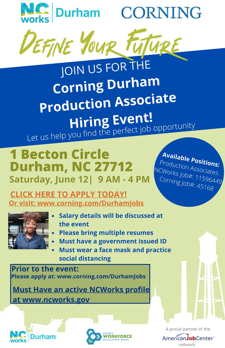 HIRING ALERT | Corning Durham is hiring! Join <a href="/CorningLifeSci/">Corning Life Sciences</a> for an on-site hiring event this Saturday. This is your chance to start an exciting career with a company that is continuously innovating and transforming lives. More details in the image below!
<a href="/NCWorksDRM/">NCWorks Durham</a> <a href="/ncworks/">NCWorks</a>