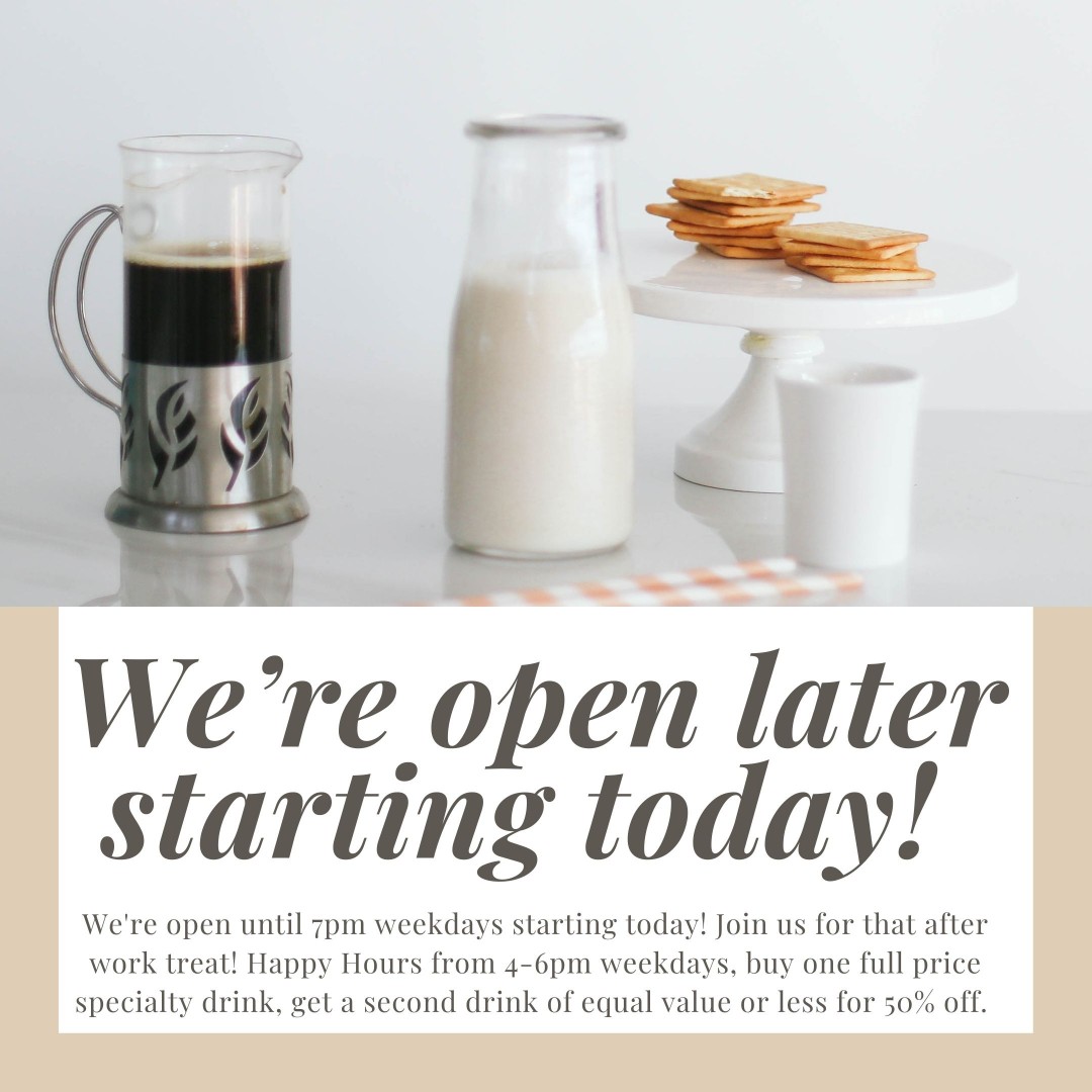 Court_St_Coffee's tweet photo. We're open until 7pm weekdays starting today! Join us for that after work treat! Happy Hours from 4-6pm weekdays, buy one full price specialty drink and get a second drink of equal or lesser value for 50% off. #athensohio #ohiouniversity #courtstreet #shoplocal https://t.co/p8u4XYdJI6