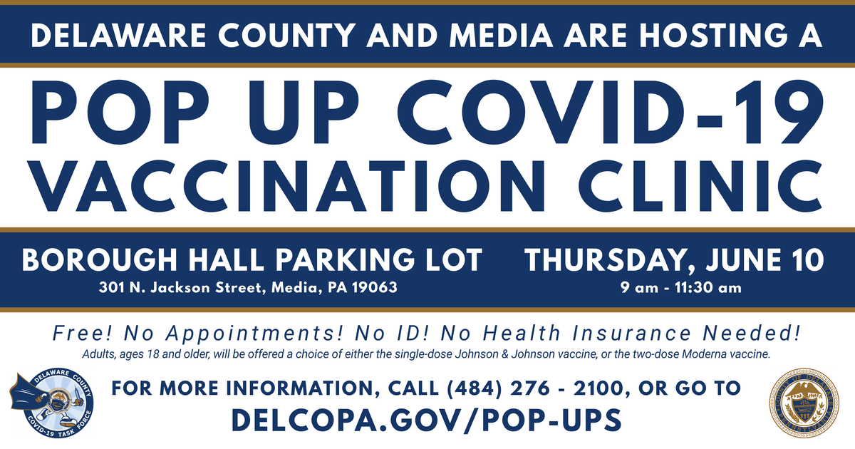 There will be a free vaccination clinic at Media Borough Hall (301 N. Jackson Street) on Thursday from 9 am - 11:30 am. No appointments, ID, or health insurance required!