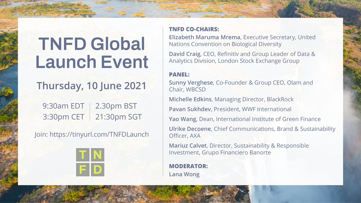 Join the official #TNFD virtual launch event: 10 June, 9.30 EDT /14.30pm BST/ 15.30 CET/ 21.30 SGT. Hear from the new <a href="/TNFD_/">TNFD</a> Co-Chairs - <a href="/davidwicraig/">David Craig</a> &amp; <a href="/mremae/">Elizabeth M. Mrema</a> + many exciting guest speakers: tinyurl.com/TNFDLaunch