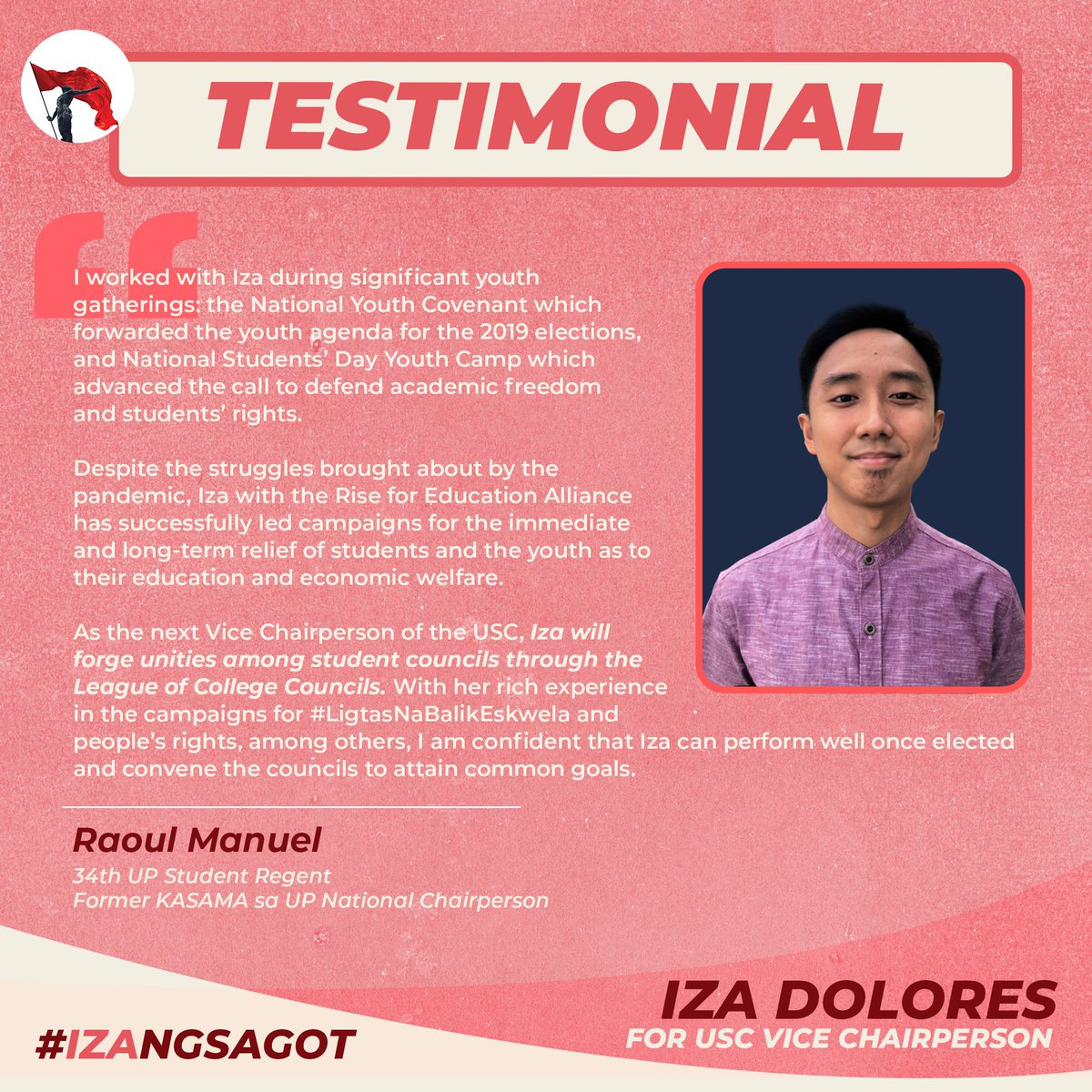 izadolores_'s tweet photo. Former Student Regent.
Youth Leader.
Iba’t-ibang pinagmulan, pero i-IZA ang suporta kay Iza! ☝🏼
Thank you for sharing your narratives! ❤️
Raoul Manuel
Xian Guevarra
#IZAngLaban
#IZAngSagot
#StandUpTogether https://t.co/g0HoiuiScy