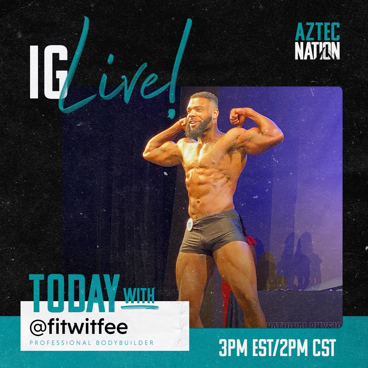 AztecNationLLC's tweet photo. We are live on IG, later today, w/ Certified Personal Trainer &amp; Pro Bodybuilder, @fitwitfee. Fee played college 🏈 at the NCAA D-I level as a D-Lineman for the U of South Alabama where he graduated w/ a Bachelors degree in Sports Management! 
#AztecNation #Monday https://t.co/zBnuWmOoA6
