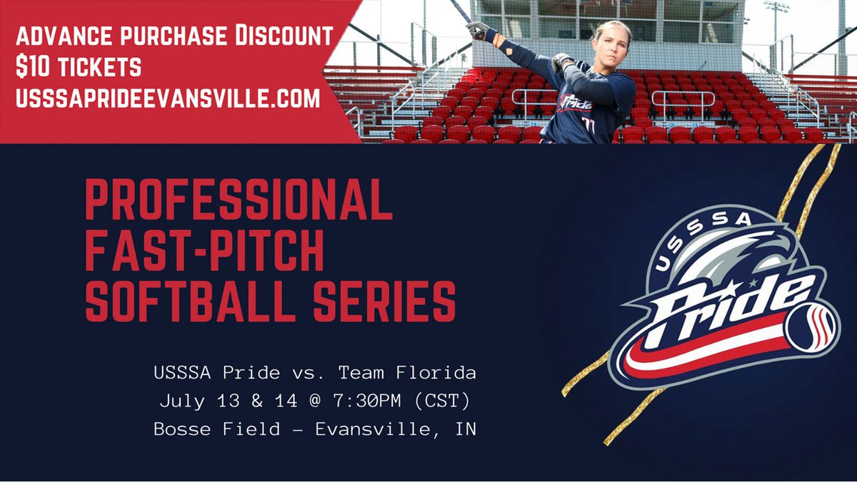 EVV_Sports's tweet photo. The @USSSAPride professional fastpitch softball team is coming to Evansville July 13 &amp; 14 for a two-game series against Team Florida! The series will be played at Bosse Field. Discounted advance purchase tickets are on-sale now for just $10 at https://t.co/Ube9mw02il! https://t.co/llNqCxnbrK