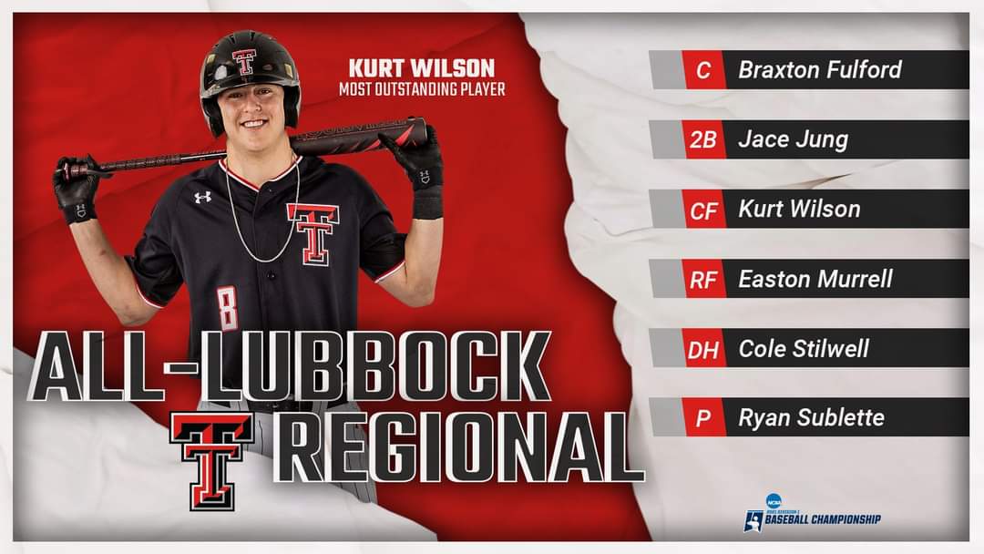 GruvyGurl's tweet photo. You already know but now it's official! @Kurtwilson14 is the Most #Outstanding Player of the tournament! He's made for #JuneBaseball! He's #OurGuy!!! #WreckEm👆🏻 #LubbockRegional #RoadToOmaha #TexasTechAdvances https://t.co/jALMyntdSY