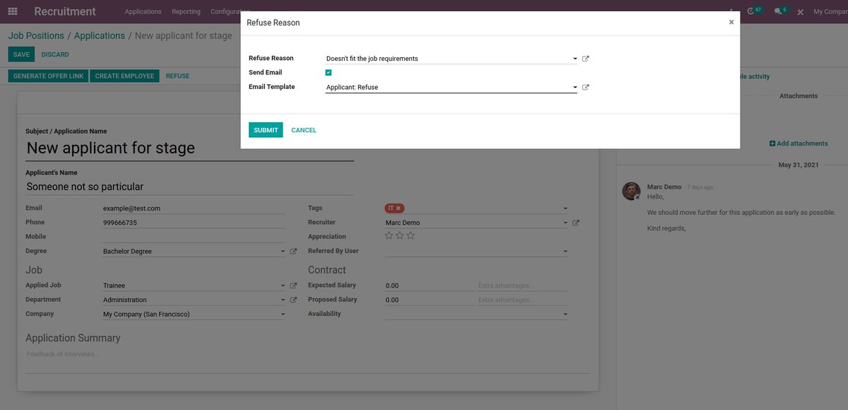 Have you ever wanted to automatically send an email of your choice when you have to refuse a candidate ? In Odoo, it will be possible. #odoo #HR #recruitment