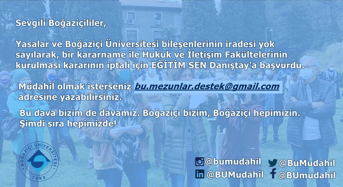 Boğaziçi Üniversitesi hukuksuzluğa, şiddete, çete düzenine, gayrımeşru kayyum işleyişine karşı bütün bileşenleriyle direniyor! 

Mezunlar davalara müdahil oluyor!

Herkesi mücadeleye çağırıyoruz! 

#FakültelerHukuksuz #FakültelerGayrimeşru #FakültelerSiyasi 
#BuDavaHepimizin