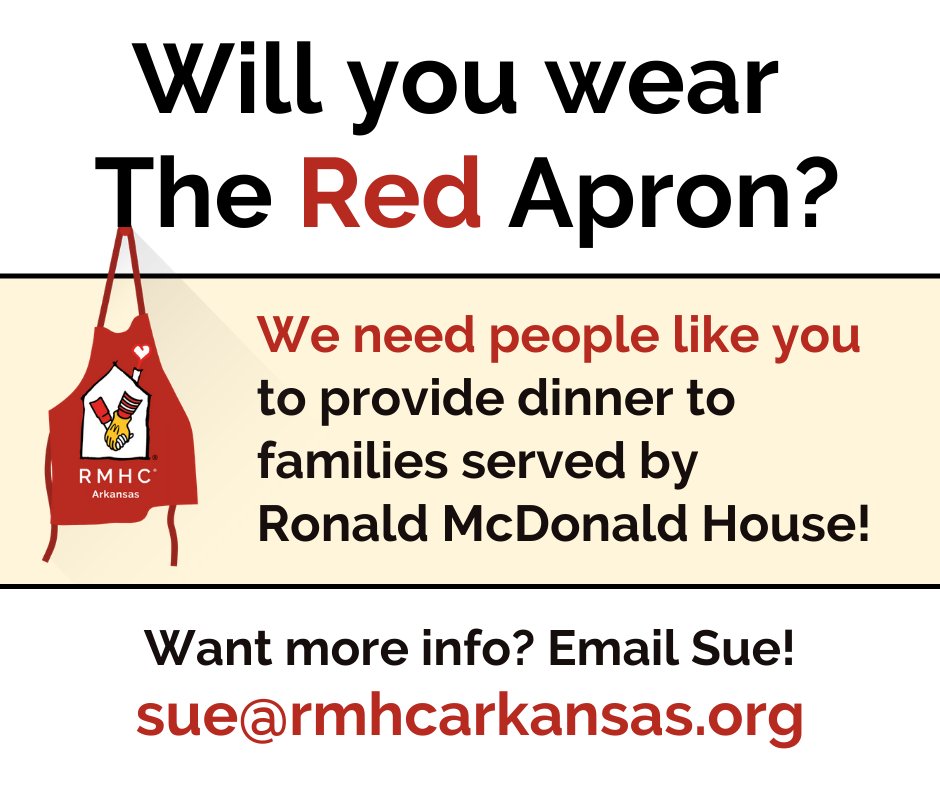 rmhcarnla's tweet photo. Will you wear The Red Apron? Each night, dinner is provided to families staying at Ronald McDonald House and to parents with a child in the UAMS NICU. If you would like to sign-up to provide a meal, or have questions, email Sue at sue@rmhcarkansas.org today!
-
#RedApron
#forRMHC https://t.co/xqEHescAxU