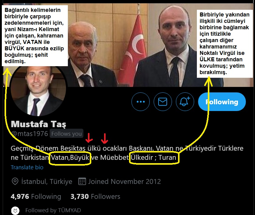 edipyuksel's tweet photo. Devlet Bahçeli hayranı ülkücü kardeş Mustafa @mtas1976 ile on gün önce burada biraz atışmıştık. Tüm bu atışmaya rağmen hala birbirimizi takip ediyoruz😀 Az önce bir twitini okurken profildeki yazı dikkatimi çekti.
Virgül ve Nokta Hakları Derneği adına protesto ediyorum.
#ediPro https://t.co/qNtf76213N