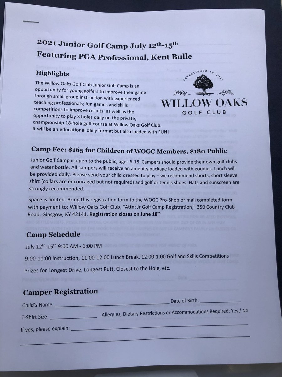 Come on out to <a href="/WillowOaksGolf/">Willow Oaks Golf Club</a> for a kids golf camp July 12-15! Ages 6-18. Looking forward to a fun week!