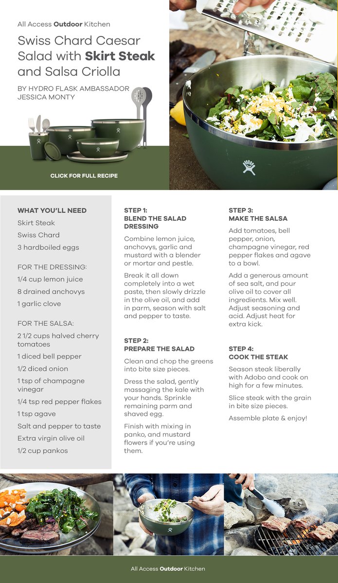 HydroFlask's tweet photo. ๐ฅ๐ฅฉ Swiss Chard Caesar Salad w/Skirt Steak & Salsa Criolla on a #Monday? YES please!
Check out this #recipe from #chef ambassador Jessica Monty & impress your friends at your next #BBQ or #backyardhang!
#OutdoorKitchen #HydroFlaskRecipes #instafoodie #CampCooking #HealthyEating https://t.co/0WS5pwnenA