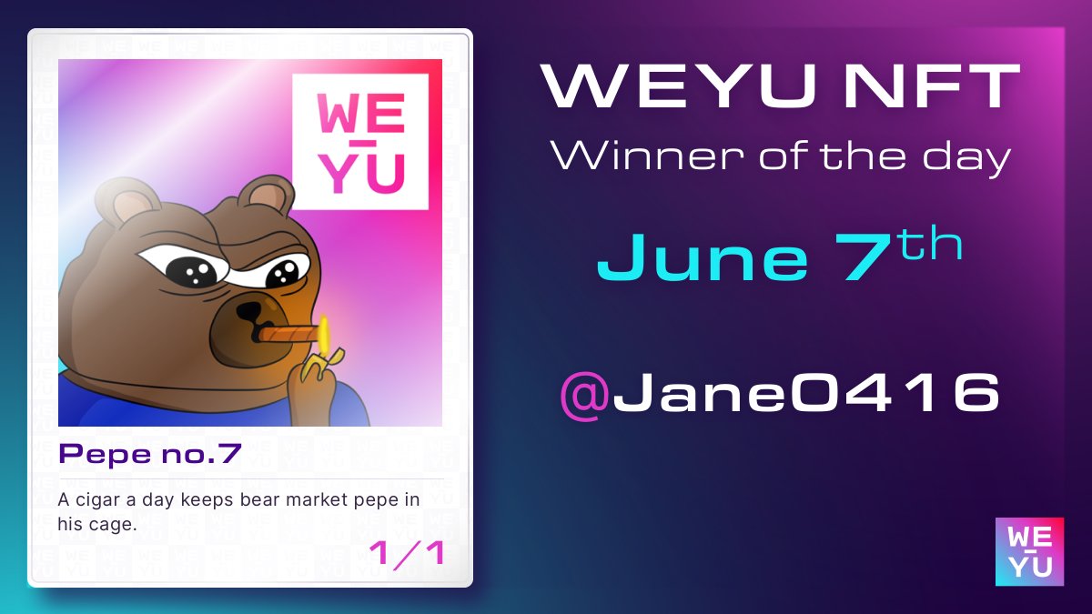 weyuofficial's tweet photo. We are back with WEYU NFT drop number 7! 

Winner, winnner, chicken dinner and todays NFT goes to @jan0416 on Telegram! 🤩 Congratulations to you and we'll see you tomorrow! 

#NFTdrop #NFTcollectors #NFTcommunity #Whitelist #WEYU https://t.co/4MKvsBbRbb